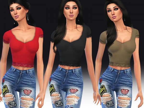  The Sims Resource: Lace Detail Basic 9 Colour Tops by Saliwa