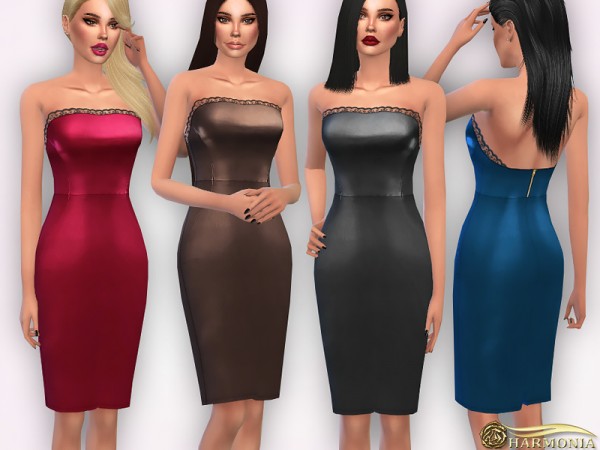  The Sims Resource: Strapless Leather Dress with Lace Trim by Harmonia