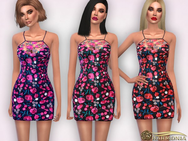  The Sims Resource: Floral Embroidered Strappy Bodycon Dress by Harmonia