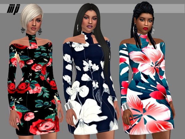  The Sims Resource: Floral Open Shoulder Choker Bodycon Dress by MartyP