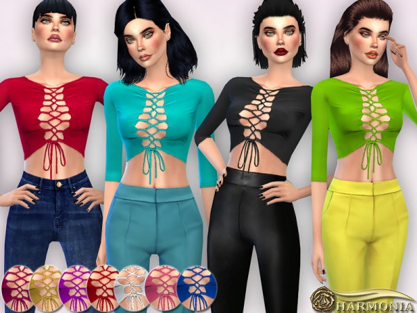  The Sims Resource: Sleeve Lace Up Front Crop Top by Harmonia
