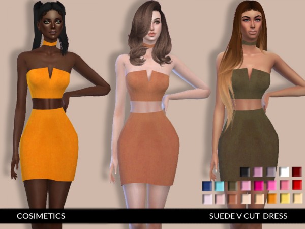  The Sims Resource: Suede V Cut Choker Dress by cosimetics