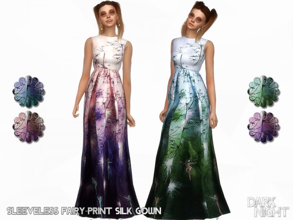  The Sims Resource: Sleeveless Fairy Print Silk Gown by DarkNighTt