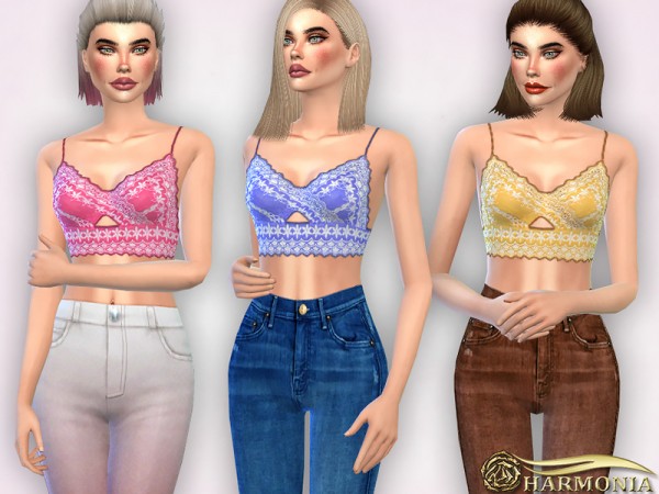  The Sims Resource: Crochet Lace Trim Crop Top by Harmonia