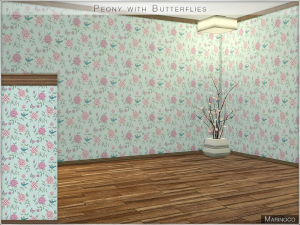  The Sims Resource: Peony walls with butterflies by Marinoco