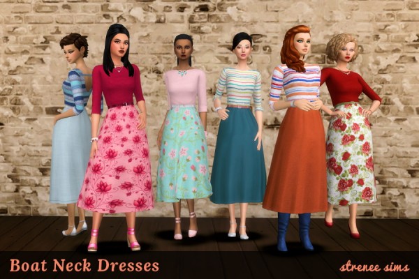  Strenee sims: 20 Floral and Striped Boat Neck Dresses