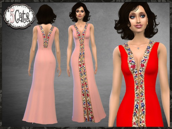  The Sims Resource: Floral Bead Trim Long Dress by Five5Cats
