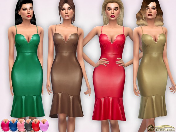  The Sims Resource: Plunge PU Frill Hem Midi Dress by Harmonia