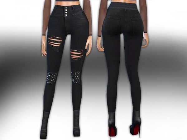  The Sims Resource: Only Pearl Embellished High Belt Ripped Black Jeans by Saliwa