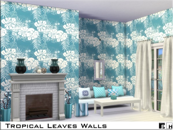  The Sims Resource: Tropical Leaves Walls by Pinkfizzzzz
