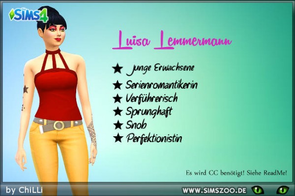  Blackys Sims 4 Zoo: Luisa Lemmermann by ChiLLi