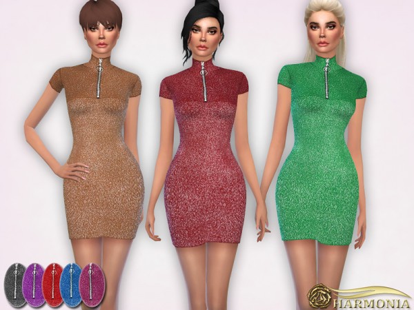  The Sims Resource: Metallic High Neck Zip Bodycon Dress by Harmonia