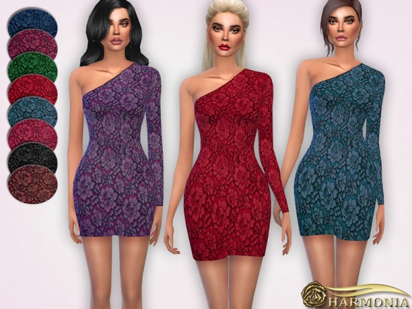  The Sims Resource: One Shoulder Neckline Lace Dress by Harmonia