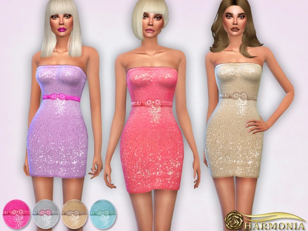  The Sims Resource: Sequin Bandeau Belted Bodycon Dress by Harmonia