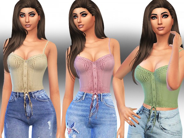  The Sims Resource: Lace Detail Button Up Crop Tops by Saliwa