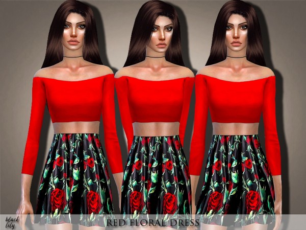  The Sims Resource: Red Floral Dress by Black Lily