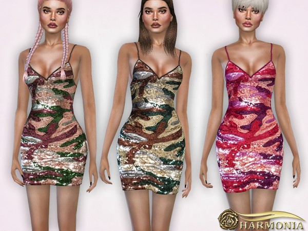  The Sims Resource: Camouflage Sequin Bodycon Dress by Harmonia