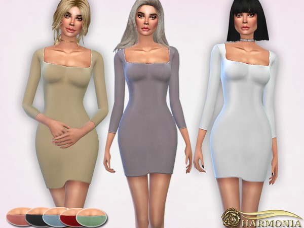  The Sims Resource: Skin Slinky Square Neck Bodycon Dress by Harmonia