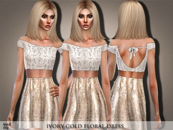  The Sims Resource: Ivory Gold Floral Dress by Black Lily