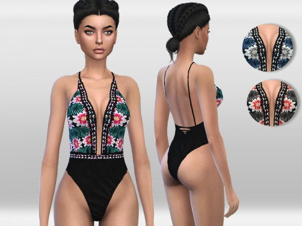  The Sims Resource: Floral Plunge Swimsuit by Puresim