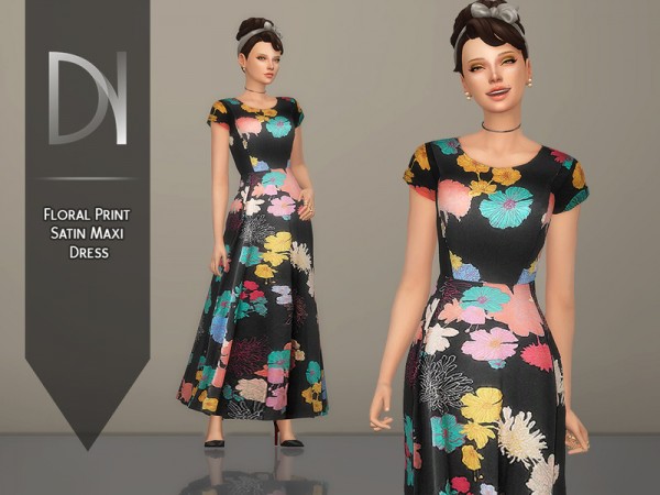  The Sims Resource: Floral Print Satin Maxi Dress by DarkNighTt