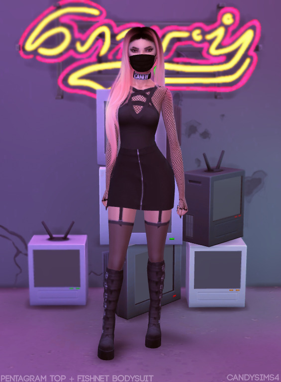 Candy Sims 4: Pentagram top and fishnet bodysuit