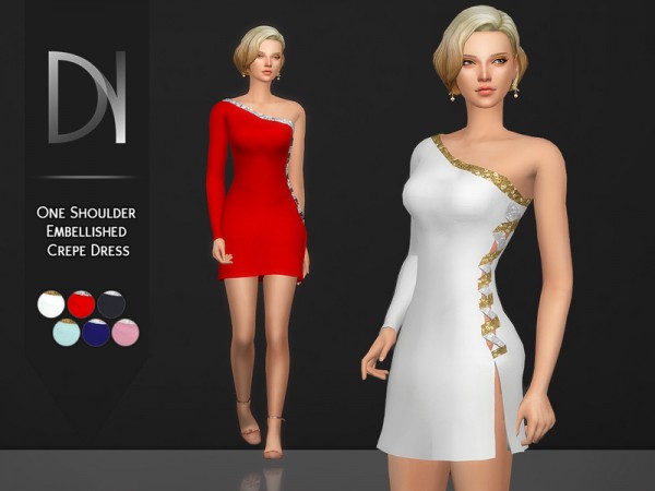  The Sims Resource: One Shoulder Embellished Crepe Dress by DarkNighTt