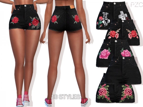  The Sims Resource: Summer Black Denim Embroidered Shorts by Pinkzombiecupcakes