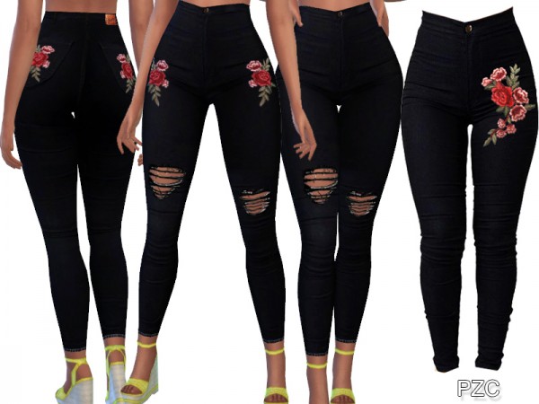  The Sims Resource: Summer Black Embroidered and Ripped Jeans by Pinkzombiecupcakes