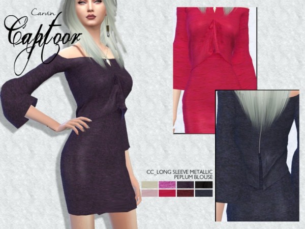  The Sims Resource: Long Sleeve Metallic Peplum Blouse by carvin captoor