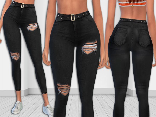  The Sims Resource: Black Realistic Ripped Jeans with Leather Belt by Saliwa
