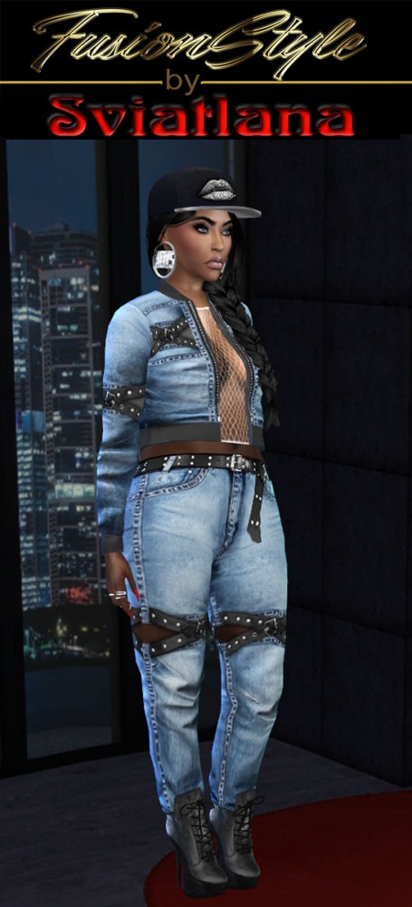 Fusion Style Denim Outfit With Leather Straps By Sviatlana • Sims 4