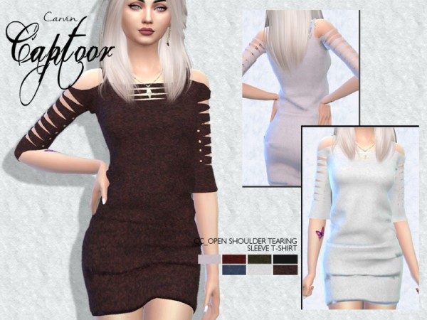  The Sims Resource: Open Shoulder Tearing Sleeve T shirt by carvin captoor
