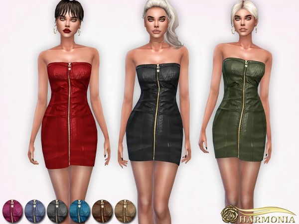  The Sims Resource: Strapless Leather Dress with Front Zipper by Harmonia