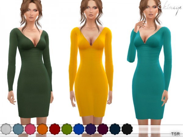  The Sims Resource: Long Sleeve V Neck Dress by ekinege