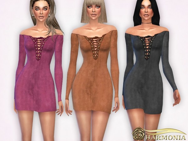  The Sims Resource: Faux Suede Lace Up Dress by Harmonia