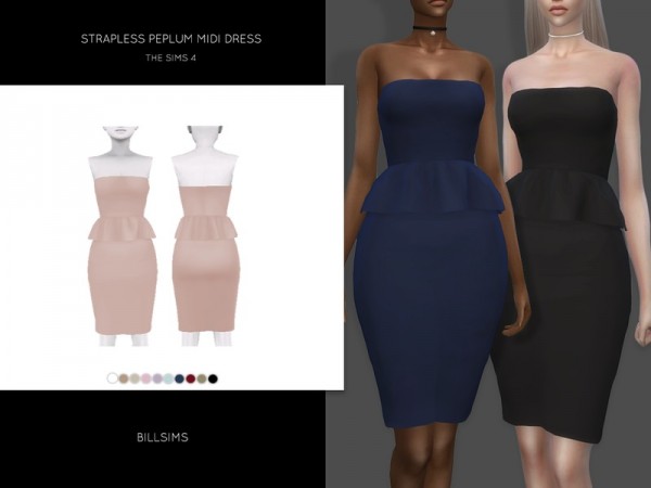  The Sims Resource: Strapless Peplum Midi Dress by Bill Sims