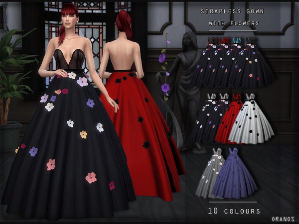  The Sims Resource: Strapless Gown With Flowers by OranosTR