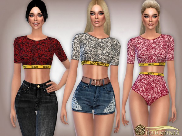  The Sims Resource: Cropped Canvas Lace Top by Harmonia