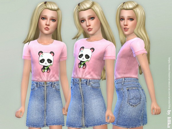  The Sims Resource: Panda Tee with Denim Skirt by lillka