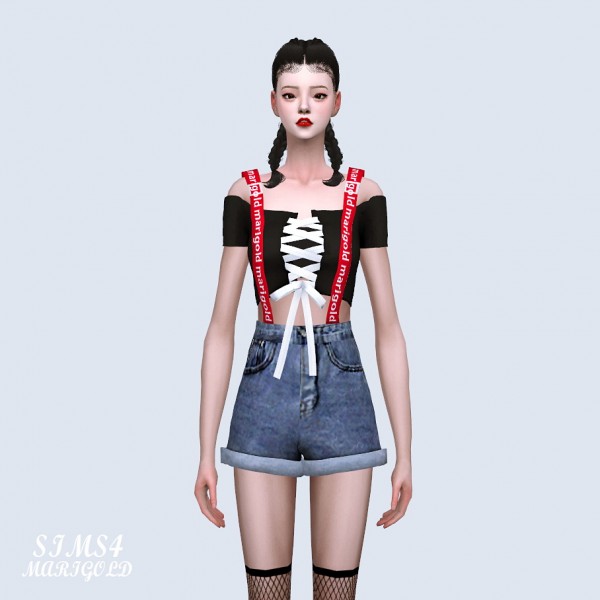  SIMS4 Marigold: Lace Up Off Shoulder Crop Top