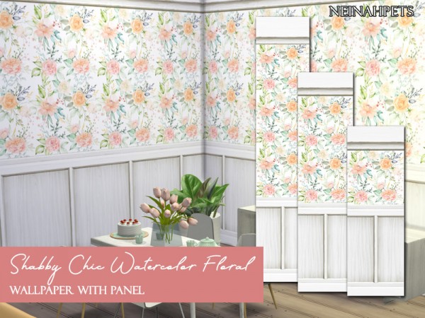  The Sims Resource: Shabby Chic Watercolor Floral Wallpaper with Paneling by neinahpets