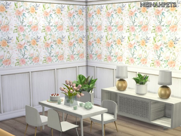  The Sims Resource: Shabby Chic Watercolor Floral Wallpaper with Paneling by neinahpets