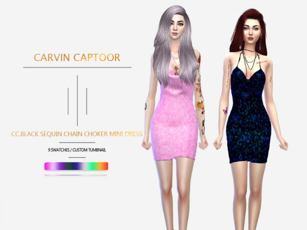  The Sims Resource: Black Sequin Chain Choker Mini Dress by carvin captoor