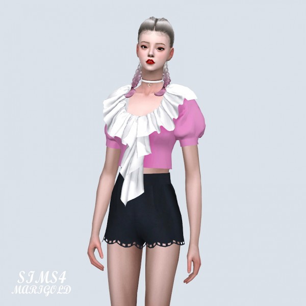  SIMS4 Marigold: Frill Neck Puff Sleeves Blouse