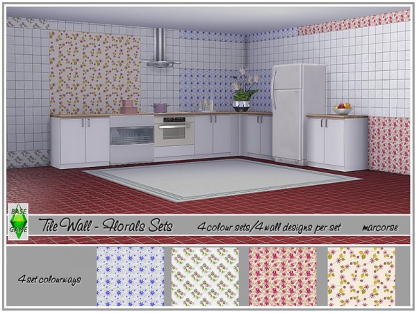  The Sims Resource: Tile Wall Floral Set by marcorse