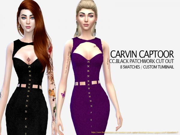  The Sims Resource: Black Patchwork Cut Out Dress by carvin captoor