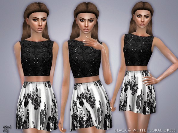  The Sims Resource: Black and White Floral Dress by Black Lily