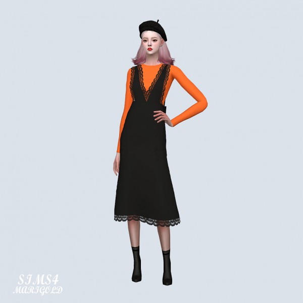  SIMS4 Marigold: Lace Point Long Dress With T