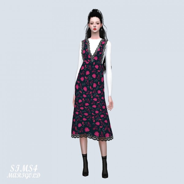  SIMS4 Marigold: Lace Point Long Dress With T Flower V